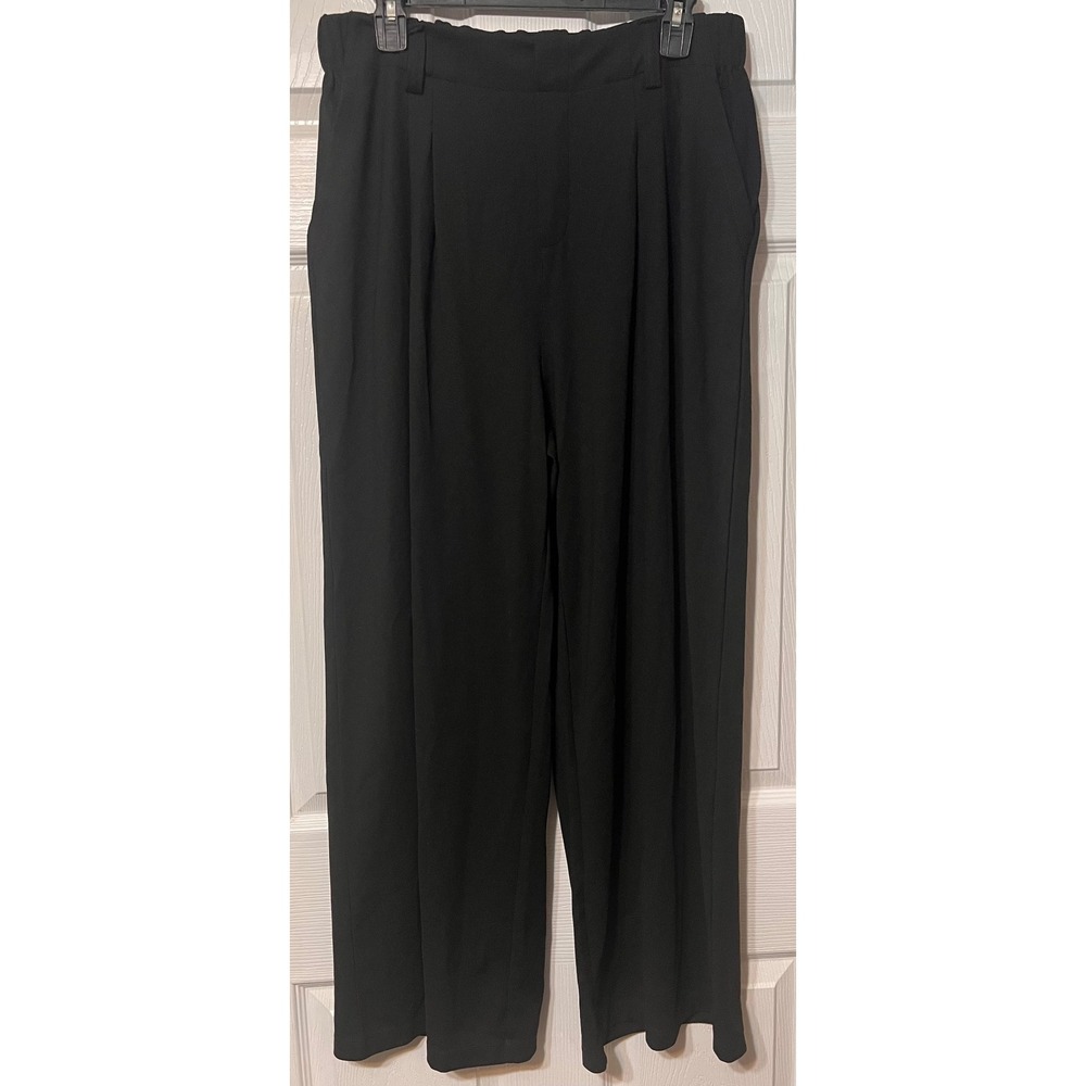 Halara Black Wide Leg Pleated Trousers Elastic Back Career Pants Large Regular
